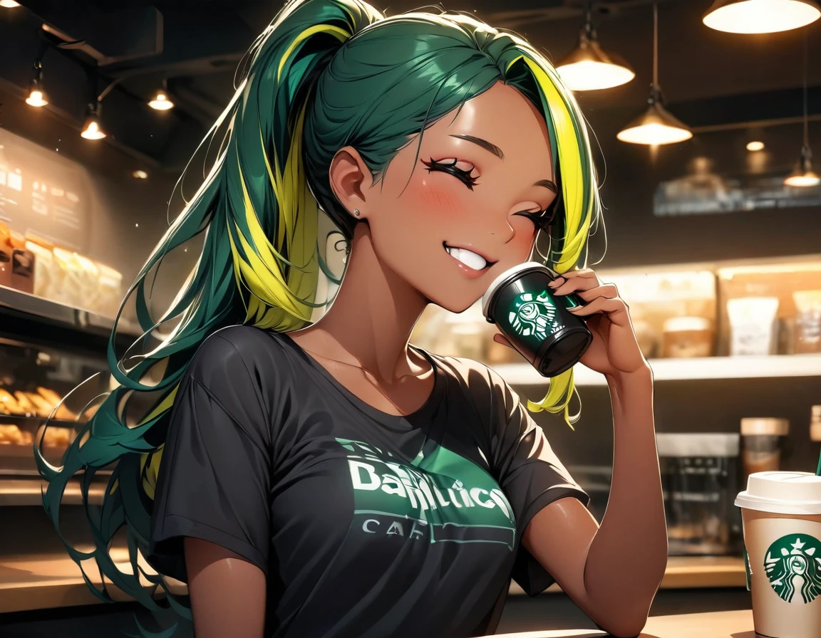 (highest quality:1.2, Very detailed, up to date, Vibrant, Ultra-high resolution, High Contrast, masterpiece:1.2, highest quality, Best aesthetics), Portraiture、girl、((slim:1.5)), Bright colors、Beautiful fine details、Beautiful lip detail、long hair, (ponytail:1.3), white and yellow green ((streaked hair:1.6)), highlights hair: 1.5, (small breast,:1) (tan skin:0.9), drinking coffee:1, in Starbucks, black t-shirt, happy, cowboy shot