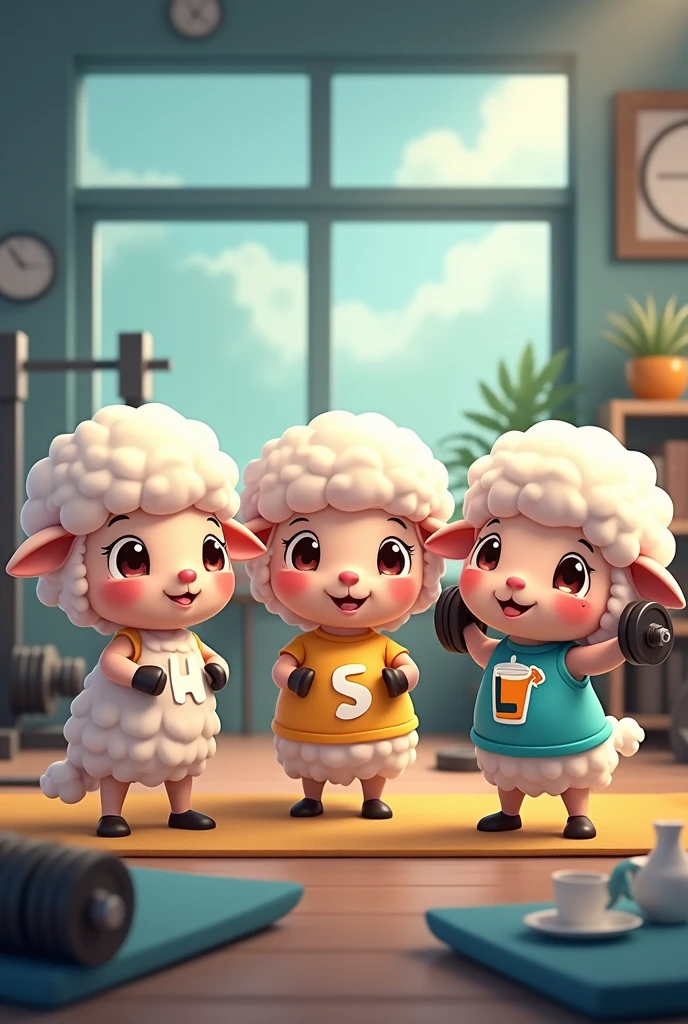 3 cute animated sheep in the gym lifting weights, and each one carries a letter in their ear the letters are H, s, L, the tea after they take it with a shirt something I don&#39;t know but that they are in the sheep, each one with a letter 