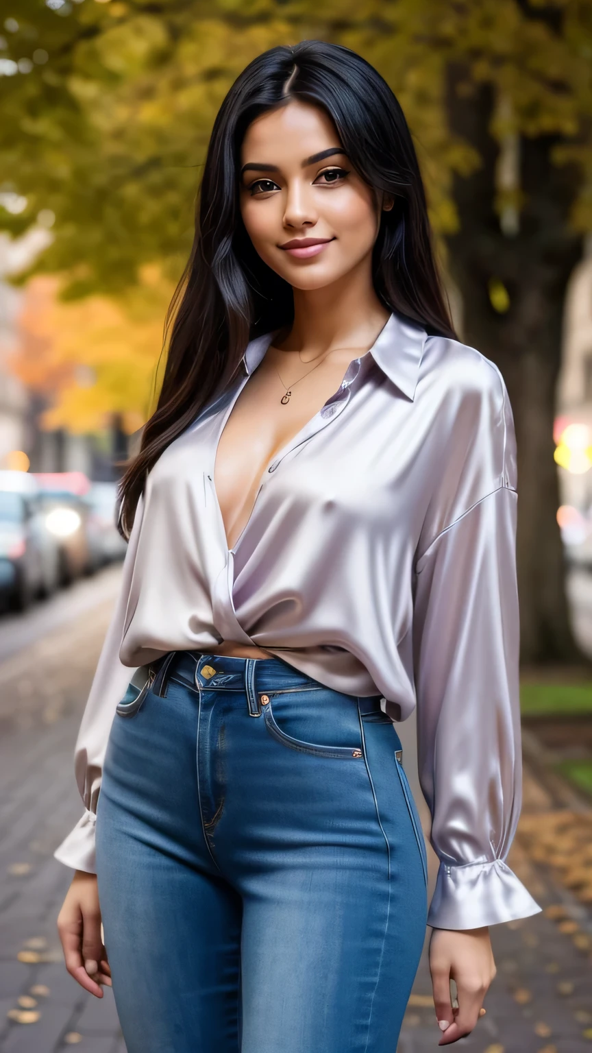 Realistic full body photo of a smiling, Young black-haired girl with long hair, She dances in front of the camera in a long purple silk shirt and tight jeans..., Park,glamour fotoshooting, Park, perfect anatomy, perfect brown eyes. Perfect hands with 5 fingers on each hand, Matching girl, looking at the camera, 1 Frau. (Eye make up:1.1), (highly detailed skin:1.1), spirit, analog style, keen focus, 8K  UHD, dslr, good quality, Fujifilm XT3, Grain, Award-winning, ​masterpiece. Park