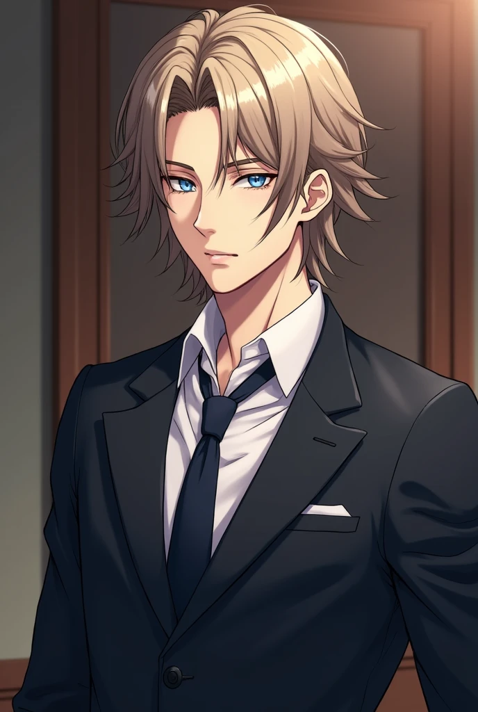 I want you to create a realistic male anime character around 2 with light brown almost ash blonde hair, snow blue eyes, Medium short long hair combed and with a suit twisted up, Not so much that he is strong, but he does look like he is in the gym.