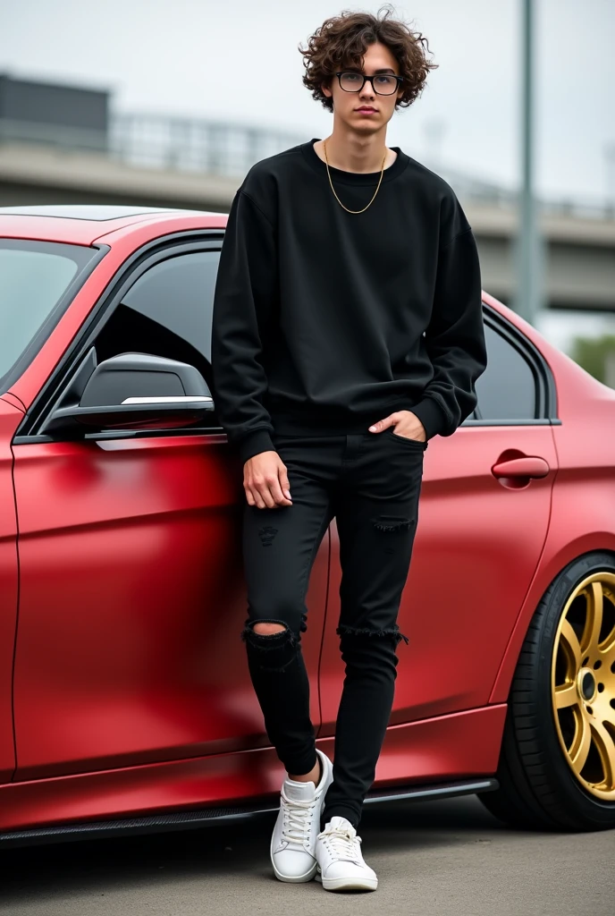 Realistic HD photo from different angles of a BMW 320i 2014 model in matte red with gold rims and yellow calipers and a spoiler, Sporty diffuser and side skirts in carbon fiber, and leaning on him a young man with square glasses and medium-long curly hair with a taper fade cut and a black Nike sweatshirt, Black ripped pants and white Nike blazer 