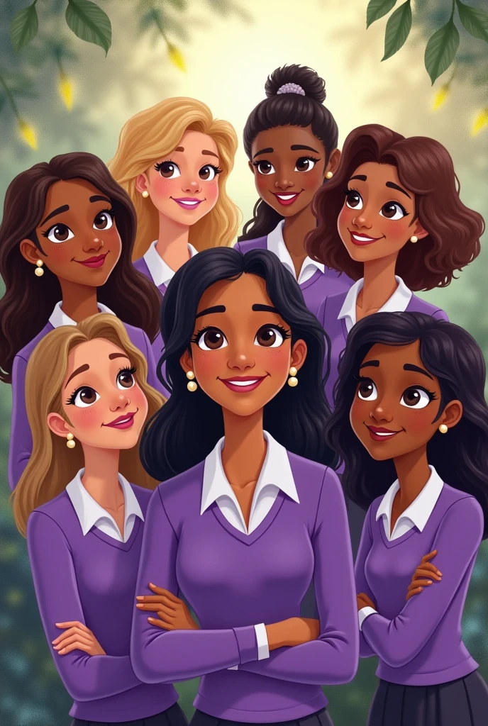 Disney style drawing ia, group of women in purple blouses Adventist Women&#39;s Ministry, no earring in the ear, no jewelry.