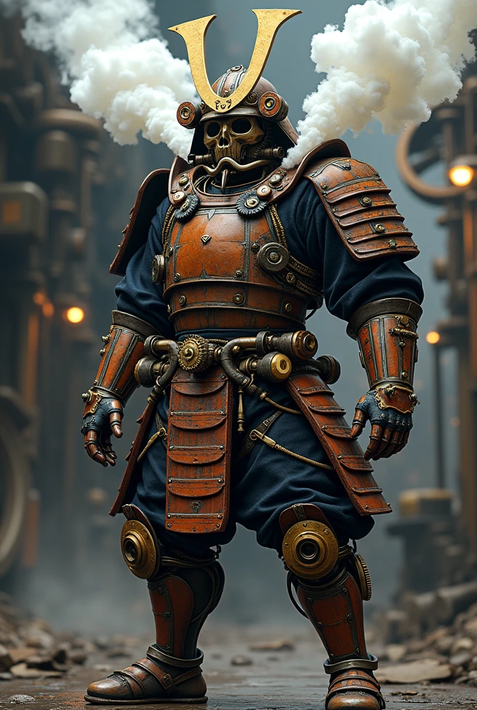 Steampunk samurai made out of pipes with steam coming out of him