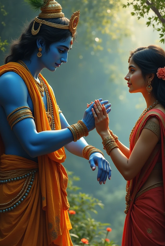 Krishna holding the hand of a female devotee only hands in the picture