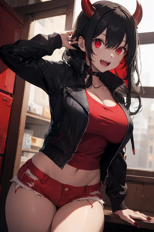 score_9, score_8_up, score_7_up, hell, fire, lava, embers BREAK 1girl, black hair, hair over eyes, red highlights, short hair, purple and black striped sweater, off shoulder, breasts, cleavage, sharp teeth, open mouth, smile, denim shorts, sitting, waving, demon tail