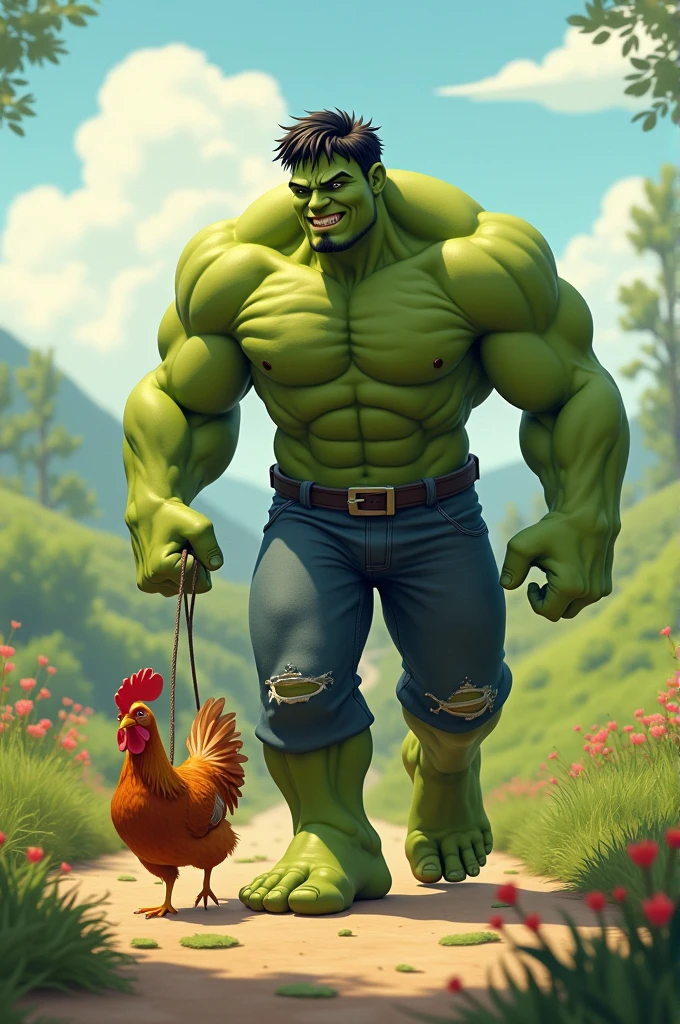 Can you please do an image of Hulk, the avenger taking a hen for a walk?