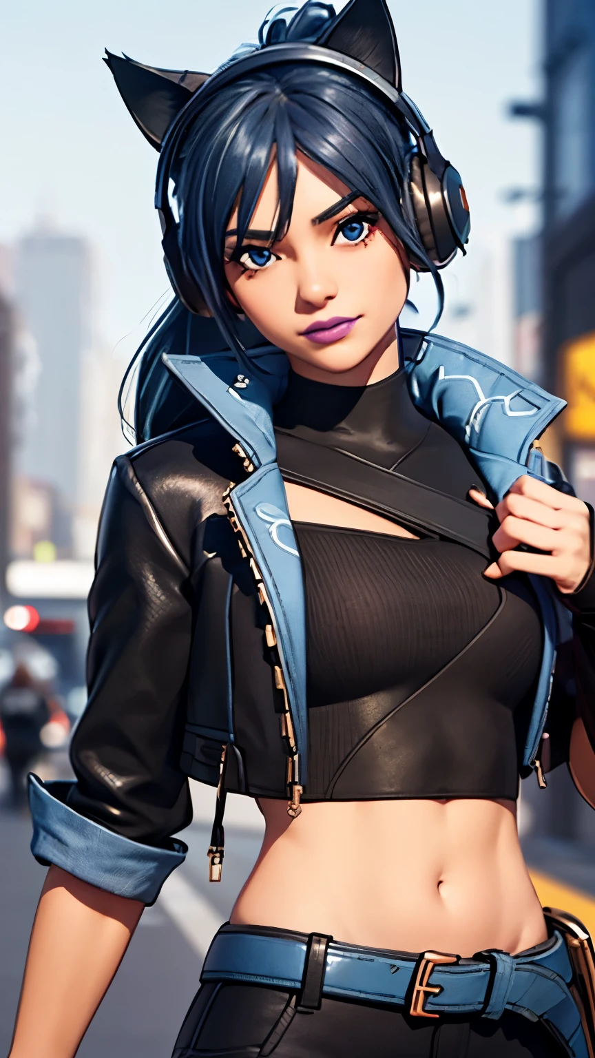 City background, 1girl, solo, HeroicHopeFN, Heroic Hope from fortnite, (crop top, black top, open clothes), (jacket crop top, black jacket, blue loose, jacket loose), fingerless gloves, black pants, blue belt, blue hair, ponytail, blue eyes, headphones, cat ears headphones, holster, holster spray cans, purple lips, lipsticks, smirk, upper body, looking at viewer,