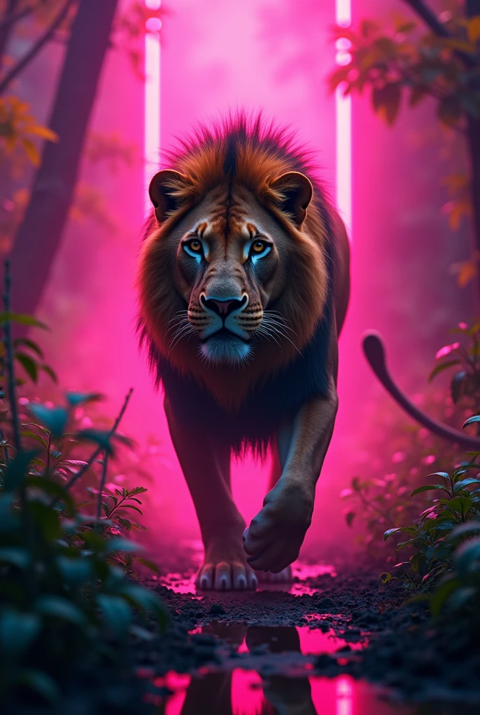 wild Lion at the night in the secret with Pink neon light