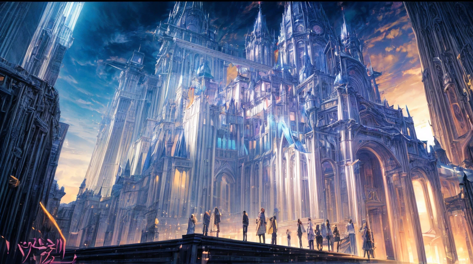 {(best quality, 8k, masterpiece, HDR, soft lighting, perfect image, digital illustration, manhwa art, hyper detailed image, perfect lines, realistic, elegant)} palace in distance, vibrant city, day sky, open sea port with ships, multiple people wearing medieval attire in distance walking, beautiful, pretty