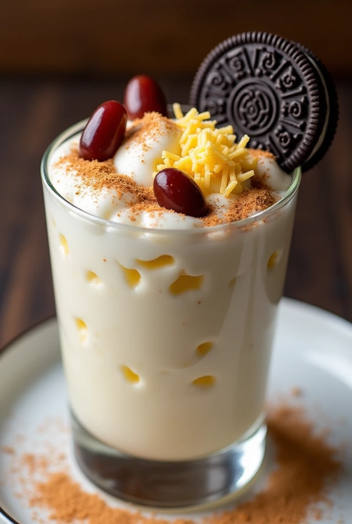 rice pudding, in a 15oz glass with ground cinnamon sprinkled on top, milkmaid, three raisins, with an oreo cookie, cream and grated cheese on top