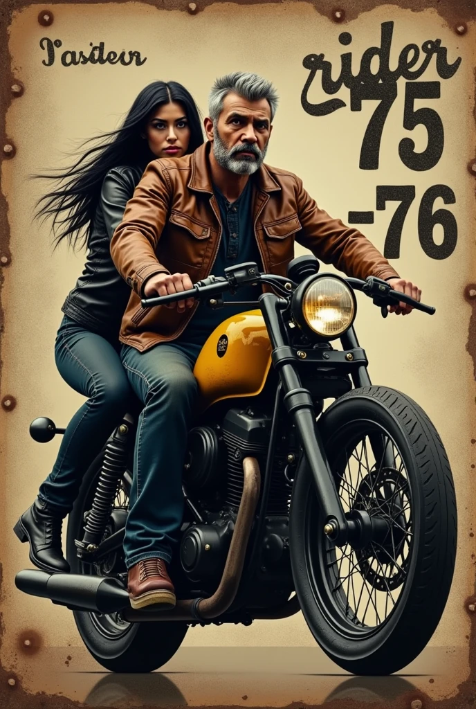 Create an image with the following elements:
1 - An aged oval metal plate with rivets, scratches and some rust on the edges.
2 - A black and yellow motorcycle, in custom style.
3 - A Brazilian man, dark-skinned, in the 50s, a little gray and shaved hair, riding the motorcycle. He is wearing a brown leather jacket, jeans and boots also brown.
4 - On the back, we have a black haired woman, wearing black pants and a black leather jacket.
5 - The words "Riders", "75-76” and the names “Alvarez” and “T.Gomes” are distributed throughout the image in stylized letters.
6 - The predominant colors are shades of brown, black and gold.