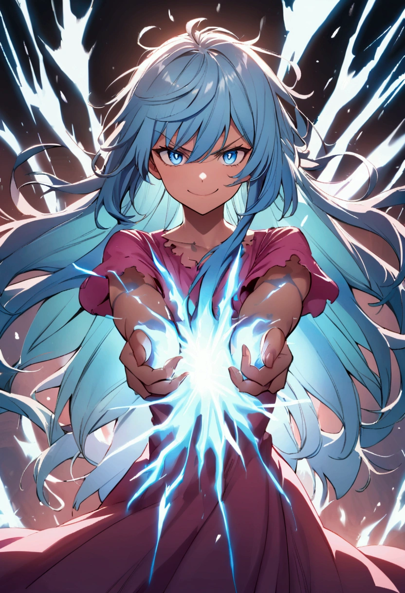 Teenage girl, Messy hair, long hair, bright light blue hair, excited smile, serious face, shining blue eyes, ripped wide pink shirt, many blue tattoos on the body, intense frost aura.