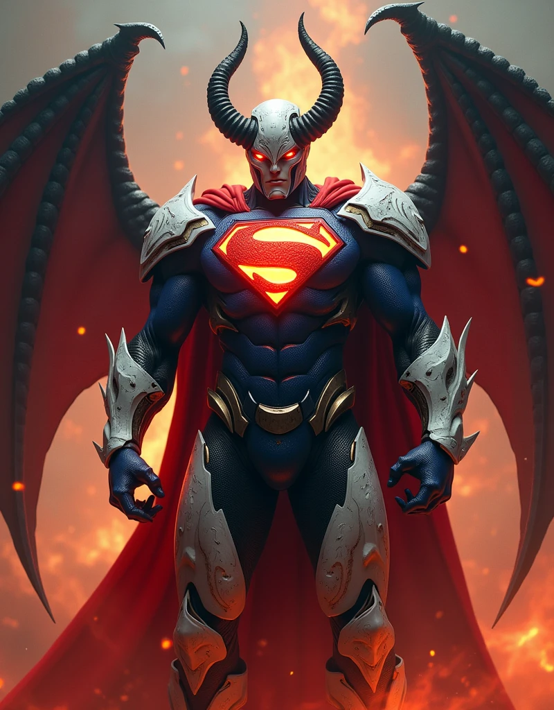 Here is a detailed point-by-point description of the image:
1. **Character Appearance**: The character is a heavily armored, demonic version of Superman, combining the iconic "S" emblem with a dark, fiery, and devilish aesthetic.
2. **Helmet and Horns**: The character is wearing a demonic helmet with two large, curved black horns on either side, enhancing the menacing look. The helmet is designed with intricate, flame-like patterns that are glowing red. The eye slits are glowing with an intense, fiery orange light, giving the character an intimidating and otherworldly appearance.
3. **Armor Design**: The armor is primarily white with blue, magma-like patterns throughout. The chest piece prominently features the classic Superman "S" logo, but it’s integrated into the fiery and demonic design, making it look as if the emblem is forged from molten metal. The rest of the armor is covered in jagged, sharp details, resembling demonic flames or lava, especially on the arms and shoulders.
4. **Cape**: The character has a red cape that appears to be attached to the shoulder armor. The cape is slightly visible in the background, adding to the overall dramatic and fiery visual.
5. **Wings**: The character has large, fire flames-like wings that are spread wide behind him. These wings are fire flames accents, giving them a hellish and intimidating appearance. They appear almost leathery, with a fiery glow, matching the rest of the character's demonic theme.
6. **Background**: The background is engulfed in flames and smoke, creating a hellish atmosphere that complements the character's design. The intense red and orange tones in the background enhance the fiery elements of the armor and wings.
7. **Lighting**: The lighting in the image is dramatic, with a focus on highlighting the glowing red elements of the armor and helmet. The flames in the background also add to the overall lighting, casting a warm, fiery glow across the character.
8. **Pose**: The character is standi