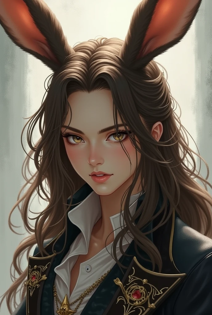 man, Beautiful face, long brown hair, long bunny ears, Antique clothes, grey eyes, beautiful body, high detail, professional quality, realistically, anime art