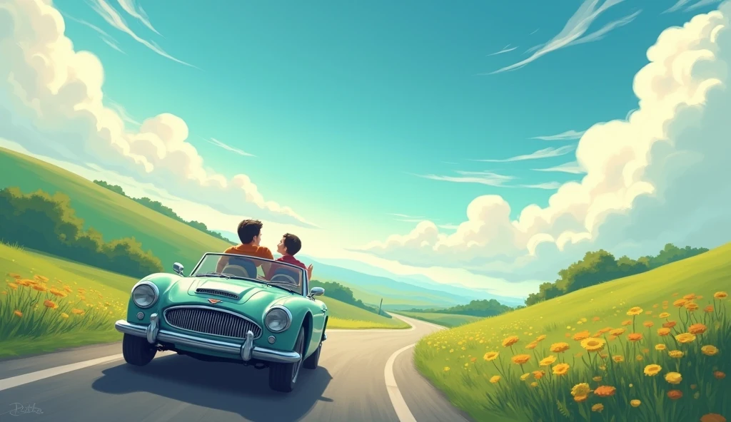A car on the road under a clear sky, leaving behind a cloudy sky, with a father and son enjoying a trip.