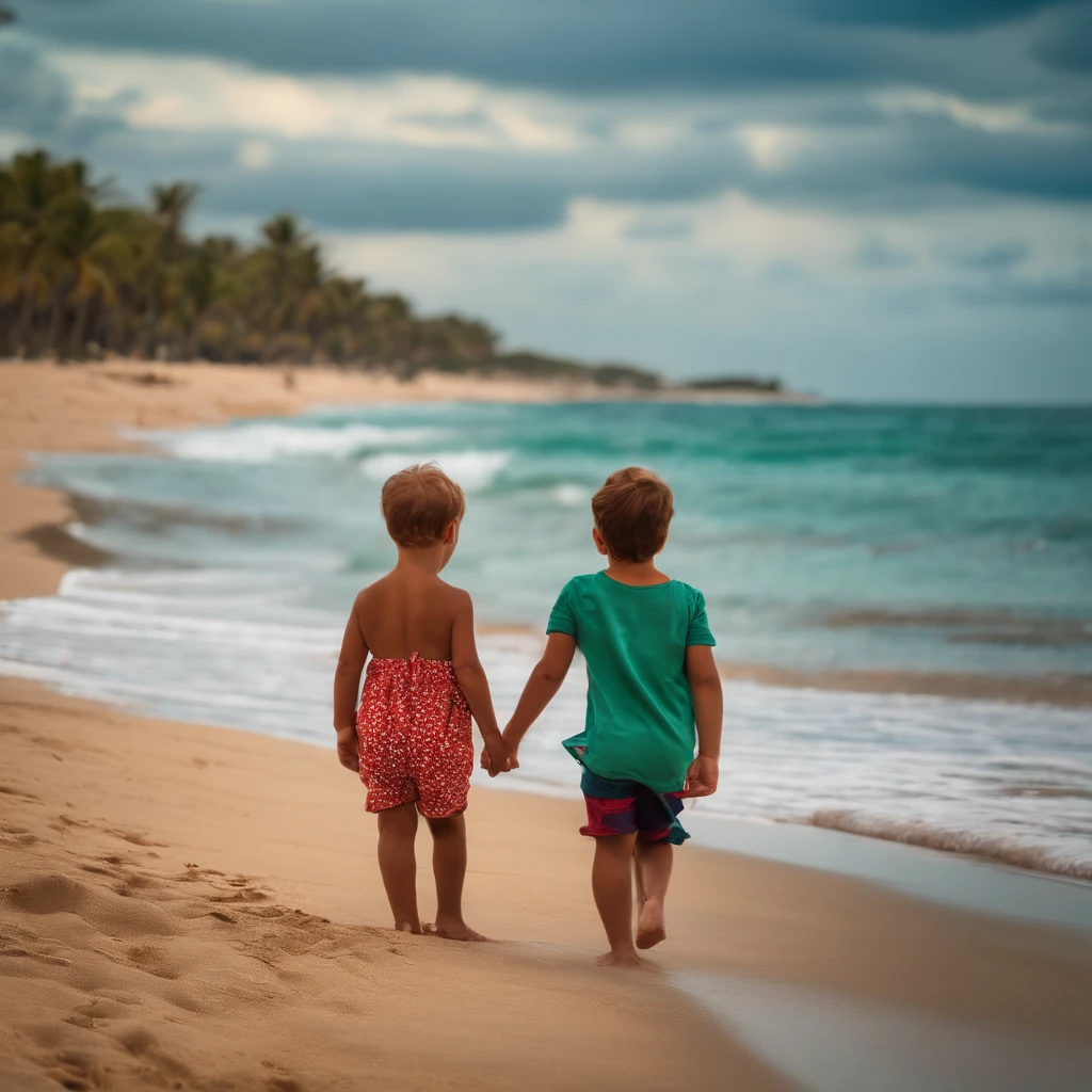 Deux enfants qui s'amusent à la plage et un homme portant un enfant sur son coup