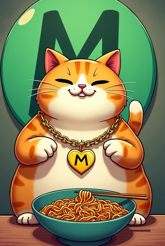 Fat friendly inviting cat with slit eyes sitting eating from a bowl of Chinese noodles wearing a fat gold chain with a pendant with an m curved like a heart, color logo green in comic style