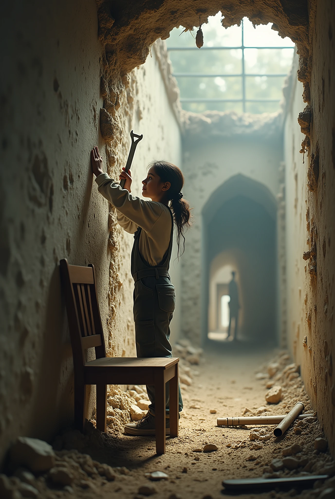 Une image magnifique et réelle en haute résolution 4K. Une jeune fille arabe de 18 ans creuse un grand trou dans le mur de la prison pour gagner sa liberté. Elle tient dans sa main un morceau de fer avec lequel elle creuse. porte des vêtements de travail. La jeune fille est sur le point de terminer son travail. De l'autre côté du mur, elle trouve des arbres avec une tristesse lourde et profonde et des larmes dans les yeux.
La jeune fille se tient debout sur la chaise pour atteindre la tête de la statue.
Outils de sculpture au sol.
Éclairage doux d'en haut, fumée à l'arrière