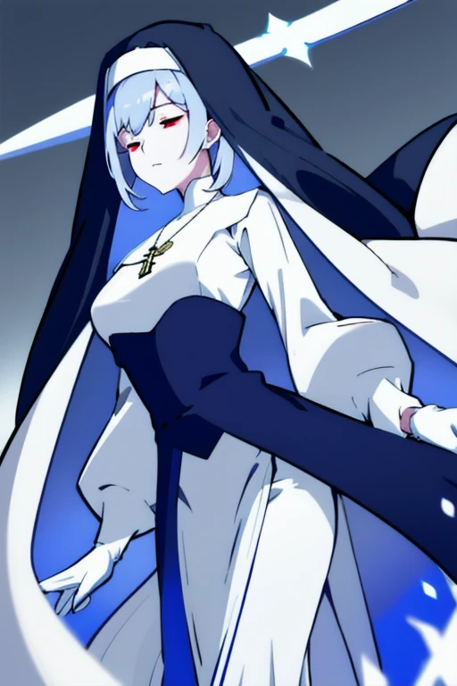 , closed eyes,
blue habit, cross necklace ,white gloves, long sleeves, nun, long skirts, cape, standing, white skin, red eyes,
1girl, Solo, Masterpiece, Best Quality, Breasts,