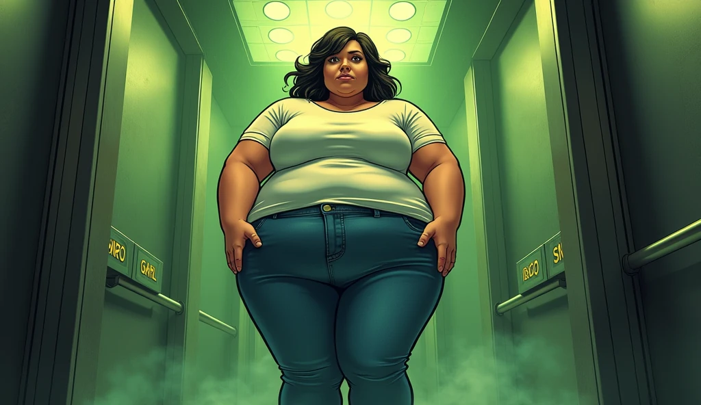 beautiful morbidly obese woman with a t-shirt and jeans standing in an elevator surrounded by olive green stink fumes, comic artstyle