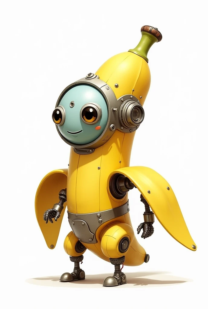 Drawing of a banana that looks like a cute robot on a white background