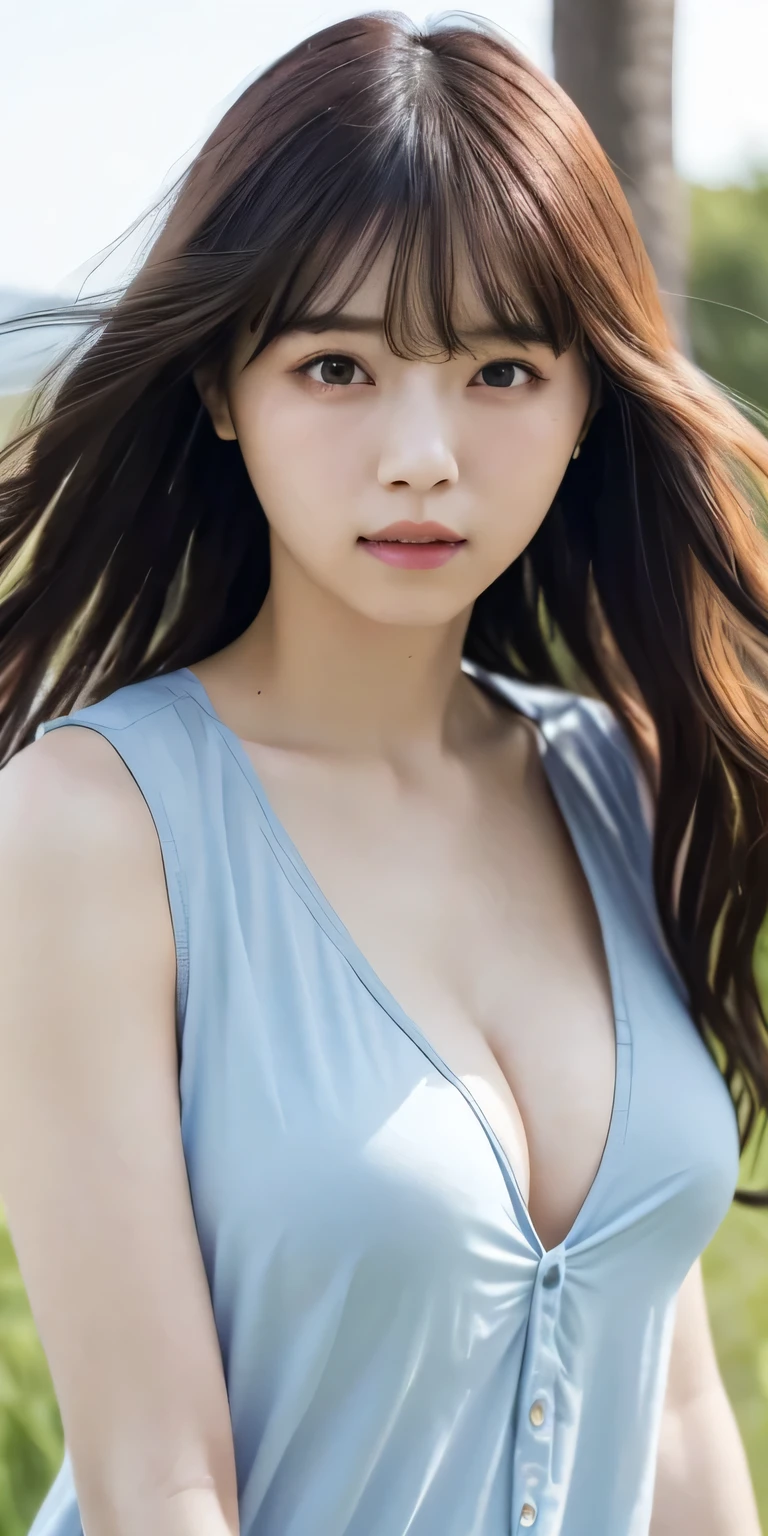 masterpiece、Highest quality, Ultra-high resolution、8k,photograph、1 person, (Skin dents), {{Large Breasts:1.8}}, bright, Blurred Background, (Asymmetrical bangs, Please comb your hair、very long wavy hair:1.5), (Floating Hair:1.0)、(Loose-fitting gathered blouse、Light blue)、soft, drooping udder、I can see the cleavage、The upturned, narrow eyes are cute、sad、grassland、Spring Sky、Soft sunlight