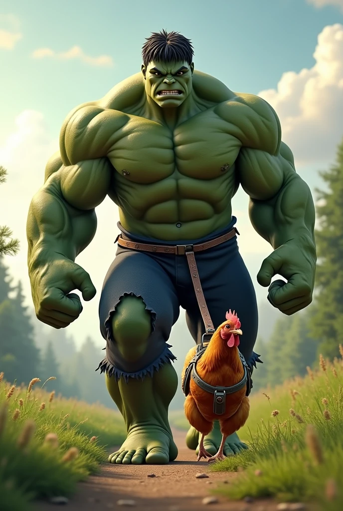 Can you please do an image of Hulk, the avenger taking a hen for a walk with an harness for chickens?