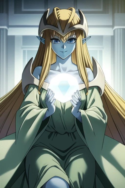 mysticalygo, mystical elf, smile, green dress, long sleeves dress., loose sleeves, long skirt, blue skin, blonde hair, long hair, room, Yugioh, 1girl, Solo, no hands