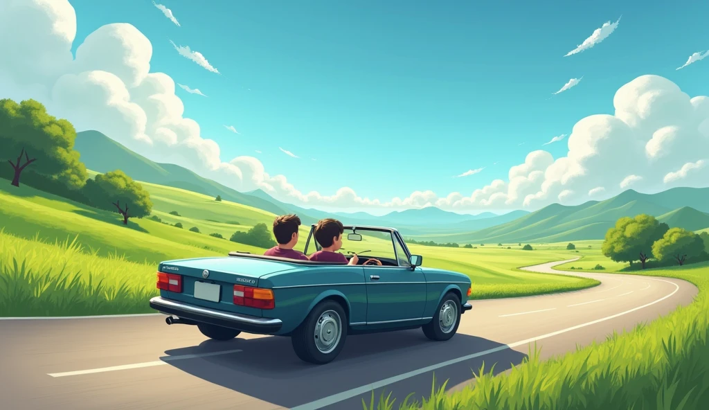 A car on the road under a clear sky, leaving behind a cloudy sky, with a father and son enjoying a trip. make it look real