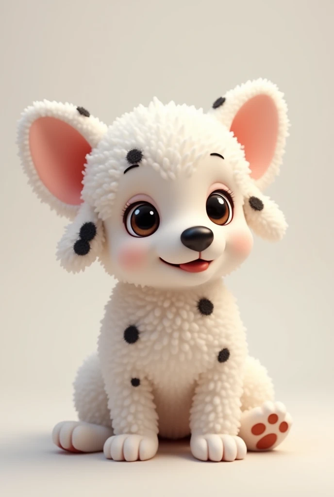 A poodle puppy with cucker dog ears, white with black spots