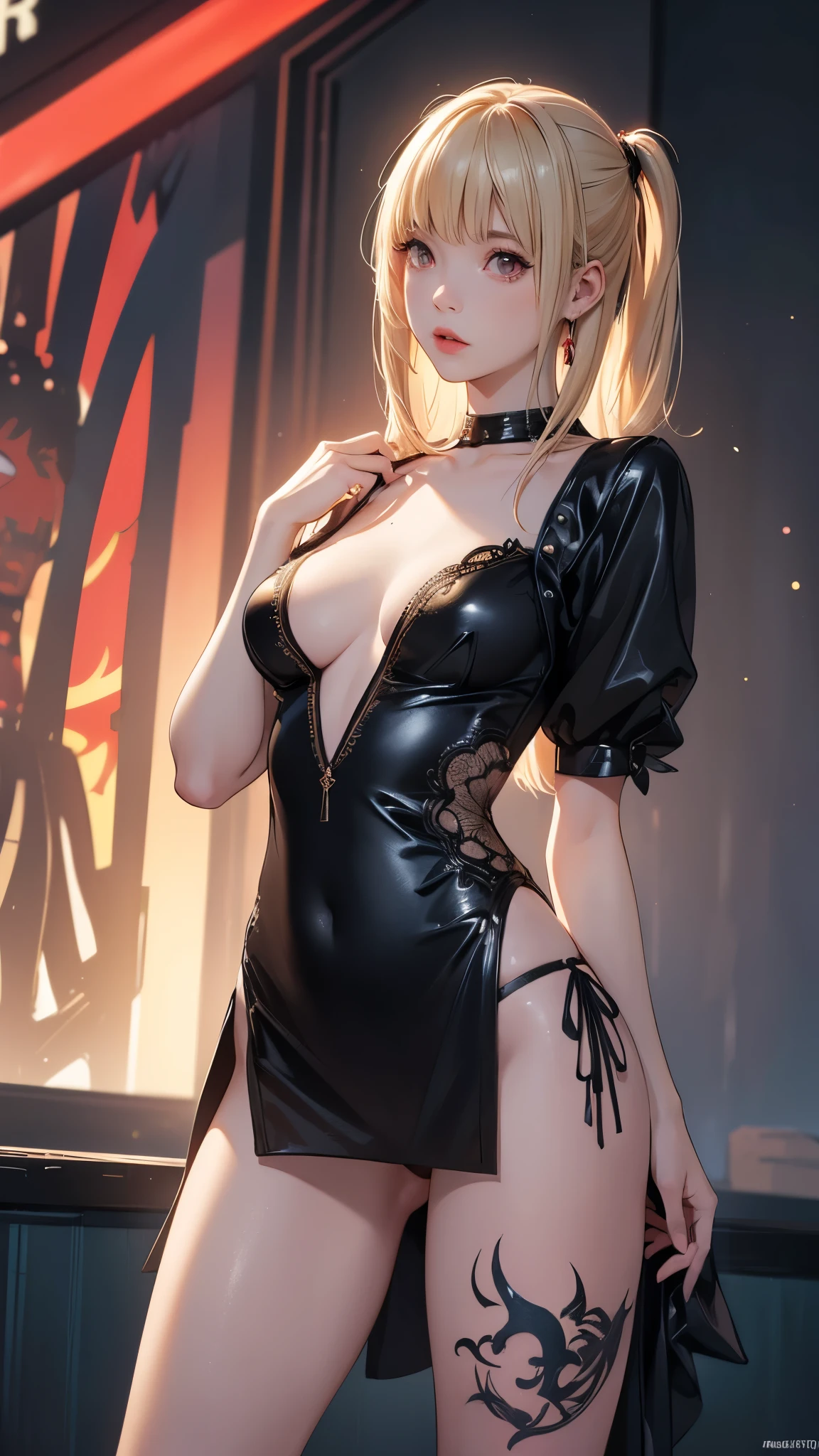 (best quality,highres:1.2),ultra-detailed,realistic,photorealistic:1.37,a beautiful girl (Misa Amane - Death Note) Anime Design) model in a fantasy style,1,long legs,medium breasts,extremely detailed face (with emphasis on red eyes).She is wearing a black thong and a shirt on her naked body, more than half of her body is naked. The clothes emphasize her sexuality,bent down, lifting her ass to the top,there is an artfully executed tattoo on the right thigh of her leg, the girl stands in this angle (showing everyone her tattoo),illustration,colorful pop art style,dynamic lighting,neon colors.Nsfw