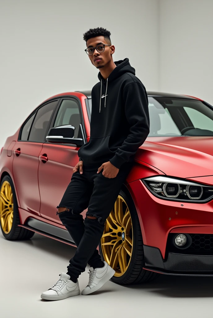 Realistic HD photo from different angles of a BMW 320i 2014 model in matte red with gold rims and yellow calipers and a spoiler, Sporty diffuser and side skirts in carbon fiber, and leaning on him a young man with square glasses and short curly hair with a taper fade cut and a black Nike sweatshirt, Black ripped pants and white Nike blazer, and the BMW comes out complete