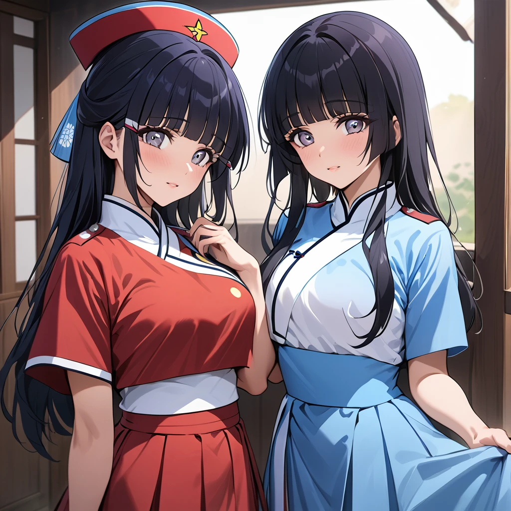 ((Highest quality)), ((masterpiece)), (detailed), (Perfect Face)、The woman is Reika Aoki with semi-long hair、The woman is a member of the North Korean Pleasure Squad and is wearing a traditional Korean dress.