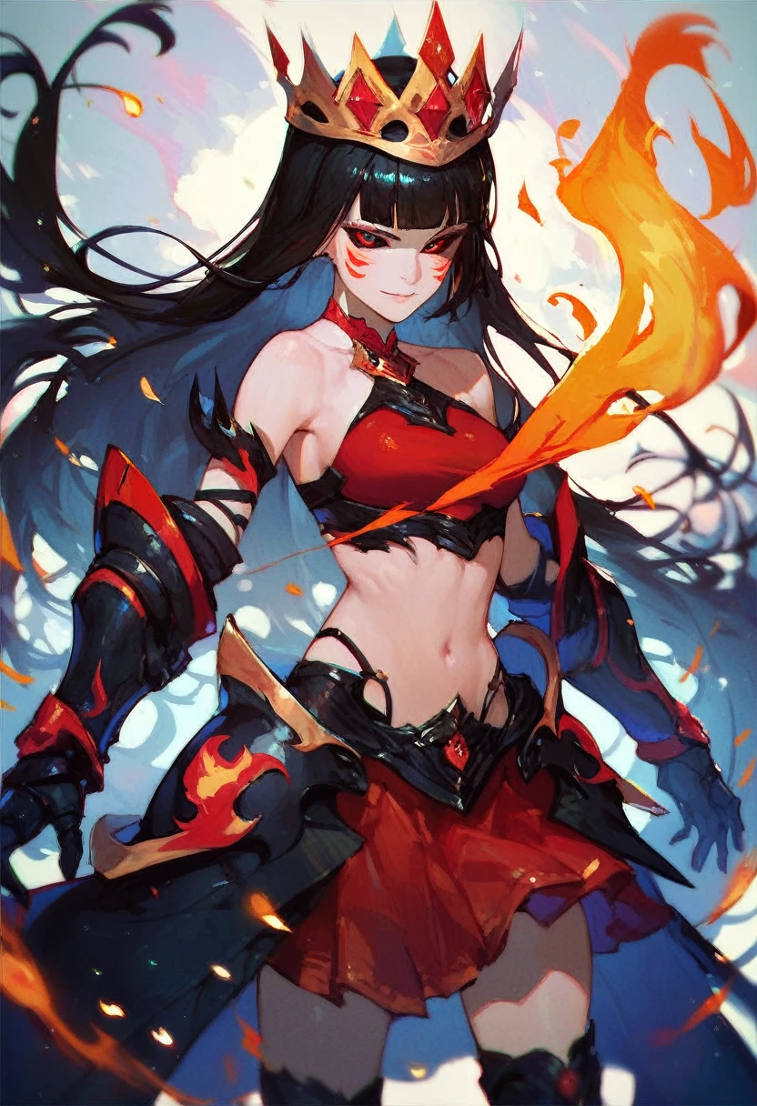 score_9,score_8_up,score_7_up,score_6_up,Ambraxl,long hair,blunt bangs,black hair,facial mark,red sclera,black eyes,
android,black gauntlets,red top,midriff,bare shoulders,red choker,skirt,
standing,
large crown,
flames,