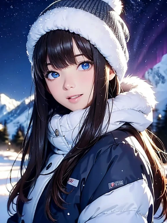 High resolution, 8k, Highest quality, detailed, Semi-realistic anime, Anime 3D Style, Smooth anime CG, One Girl, 20 year old Japanese woman, slim, Modeled, Shiny brown hair, detailedな顔, Beautiful and detailed, Glowing Skin, Hard Focus、Film Grain, Soft lighting, Looking at the audience, Laughter, (A winter mountain style that combines a warm down jacket and knit hat), Majestic mountains covered in pure white snow, fantastic aurora, blue eyes, Sticking out tongue, Highest quality,