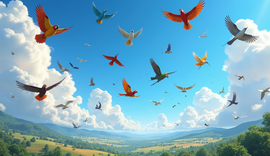 3d pixar animation style of the sky in the countryside of El Salvador full of birds of all kinds, large and small and of all colors