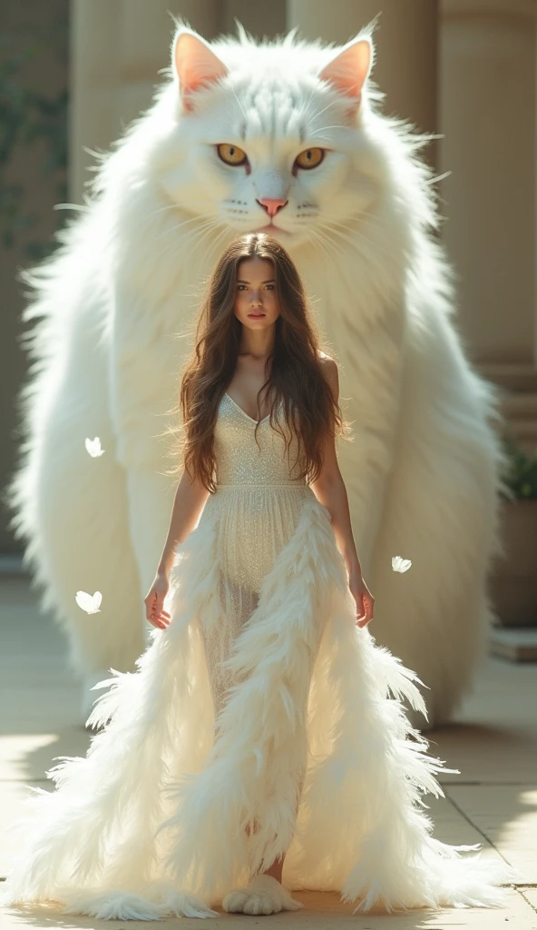 Annie Leibovitz style fantasy photography, a white-skinned female model stands in front of a giant white cat in a white feather dress in a sunny warm room, long brown hair, a 10-meter tall giant white cat, a model in a white feather dress stands in front of a giant white cat, oversized animals, megalomania, realistic, real, docile white cat, white fluff, glittering in the sun, brown hair, depth of field, blur, dreamy, ethereal environment, softness, gentleness, flowing dress, falling white feathers, looking straight into the camera, frontal, facing the viewer, brown hair, brown eyes, white feathers, purity, nobility, delicate, making the picture look very real