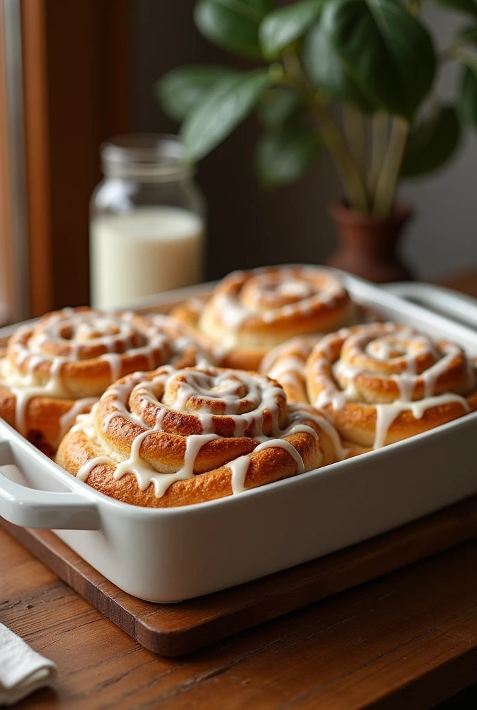 A delicious cinnamon roll casserole, warm and inviting, soft and fluffy, mouth-watering cinnamon aroma, golden-brown topping, creamy icing drizzle, rustic wooden table, cozy kitchen scene, natural light, food photography, minimalist style, elegant typography, simple and modern logo design