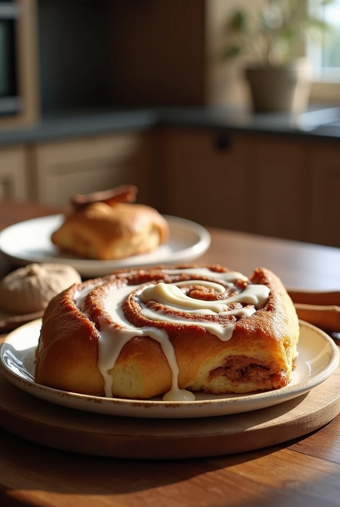 A delicious cinnamon roll casserole, warm and inviting, soft and fluffy, mouth-watering cinnamon aroma, golden-brown topping, creamy icing drizzle, rustic wooden table, cozy kitchen scene, natural light, food photography, minimalist style, elegant typography, simple and modern logo design