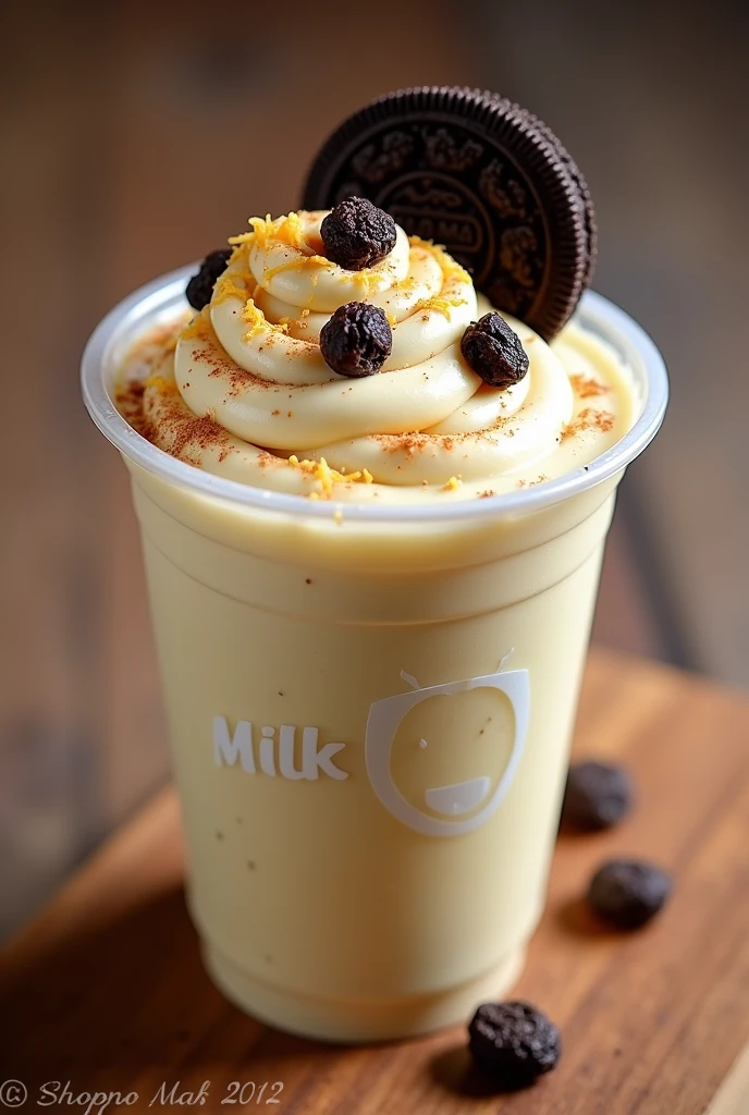 rice pudding, in a large plastic cup, with ground cinnamon sprinkled, milkmaid, three raisins, with an oreo cookie, cream and grated cheese on top