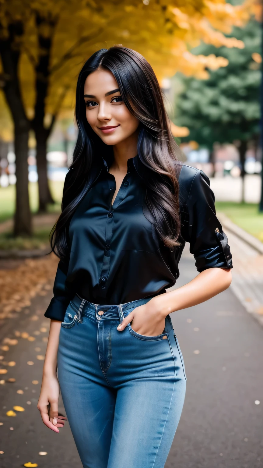 Realistic full body photo of a smiling, Young black-haired girl with long hair, She dances in front of the camera in a long dark blue silk shirt and tight jeans..., Park,glamour fotoshooting, Park, perfect anatomy, perfect brown eyes. Perfect hands with 5 fingers on each hand, Matching girl, looking at the camera, 1 Frau. (Eye make up:1.1), (highly detailed skin:1.1), spirit, analog style, keen focus, 8K UHD, dslr, good quality, Fujifilm XT3, Grain, Award-winning, masterpiece. Park