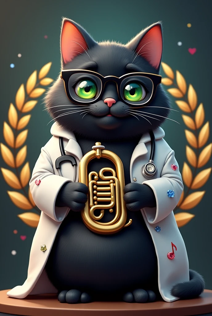 I want a logo with a smug, tender, chubby black cat with green eyes with shiny black glasses and crystals that plays a euphonium and also has a stethoscope and on the sides there are very realistic, shiny golden laurels and a white coat with musical notes. 
