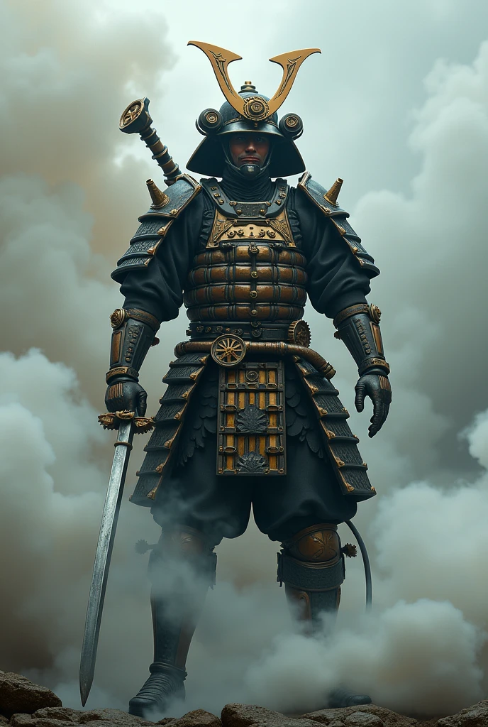 Steampunk samurai made out of pipes inside a cloud of smoke
