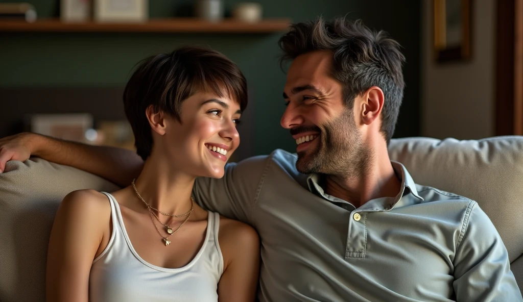 White Italian woman, short hair, Age 22, she is on the couch sitting with a 40 year old Italian man and they are smiling, extremely detaild, photoshot_\( ultra\), photoshotrealisitic, realisitic, Post-processing, Maximum details, roughness, real-life, ultrarealisitic, photoshotrealism, photoshotgraphy, 8k hd, photoshotgraphy