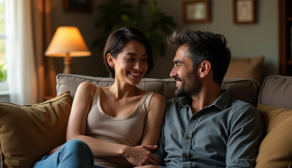 White Italian woman, short hair, Age 22, she is on the couch sitting with a 40 year old Italian man and they are smiling, extremely detaild, photoshot_\( ultra\), photoshotrealisitic, realisitic, Post-processing, Maximum details, roughness, real-life, ultrarealisitic, photoshotrealism, photoshotgraphy, 8k hd, photoshotgraphy
