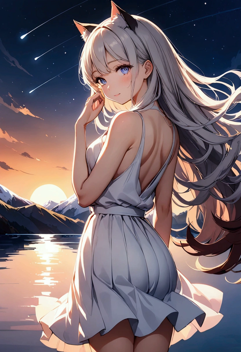 woman, Calm expression, Captivating eyes, Blue Eyes, Wavy long hair, Grey Hair, Black cat ears, Kemomimi, loose fitting dress, Calm posture, Touching your ears with your hands, Porcelain-like skin, A faint blush, (Rim Light):1.2, Warm tones, Solar flare, Soft Shadows, Vibrant colors, Painterly effect, Very detailed, Official Art, 8k wallpaper
, Standing in the middle of the lake ,BREAK (Anatomically Modified), healthy thin legs, Look here, A distant view, Back view, Snow Mountain, Night Sky, shooting star