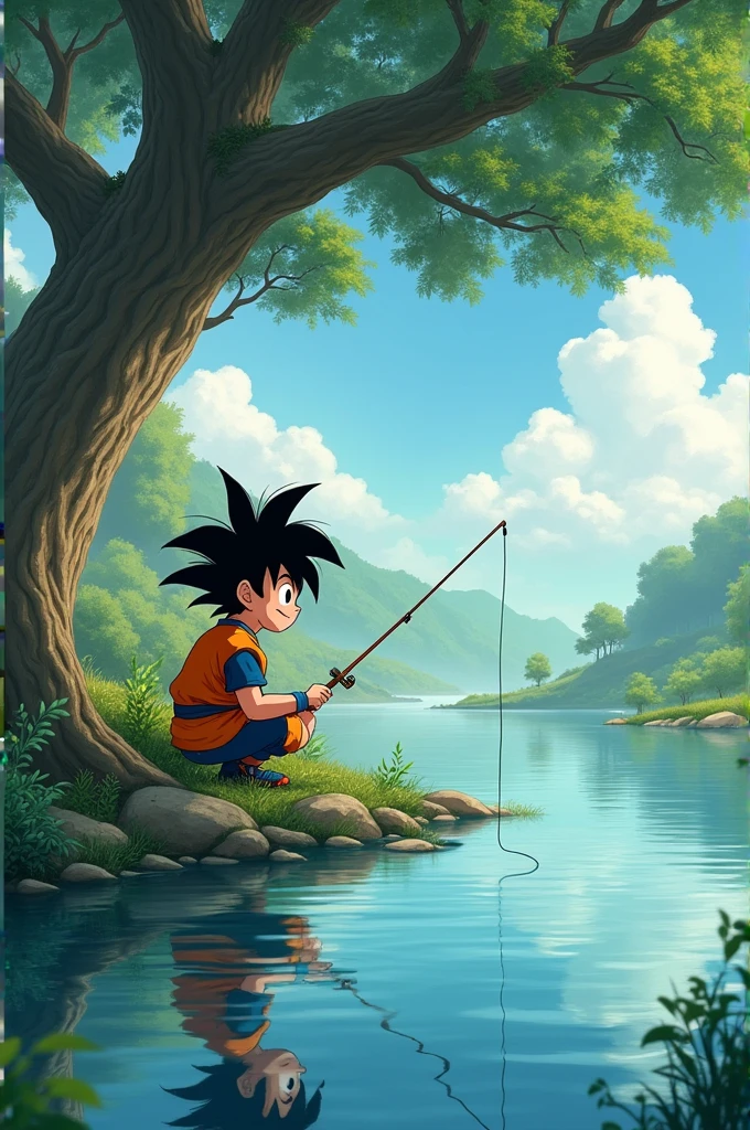 Son Goten child fishing in a river sitting near a tree 