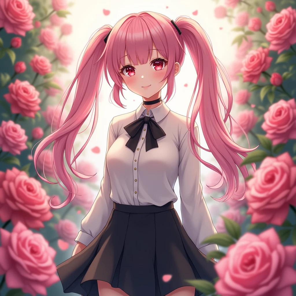 Anime girl, beautiful face, white long-sleeved sweater, black bow tie, black skirt, pink hair, twintail hairstyle, red eyes, white skin, black choker, in a rose garden.