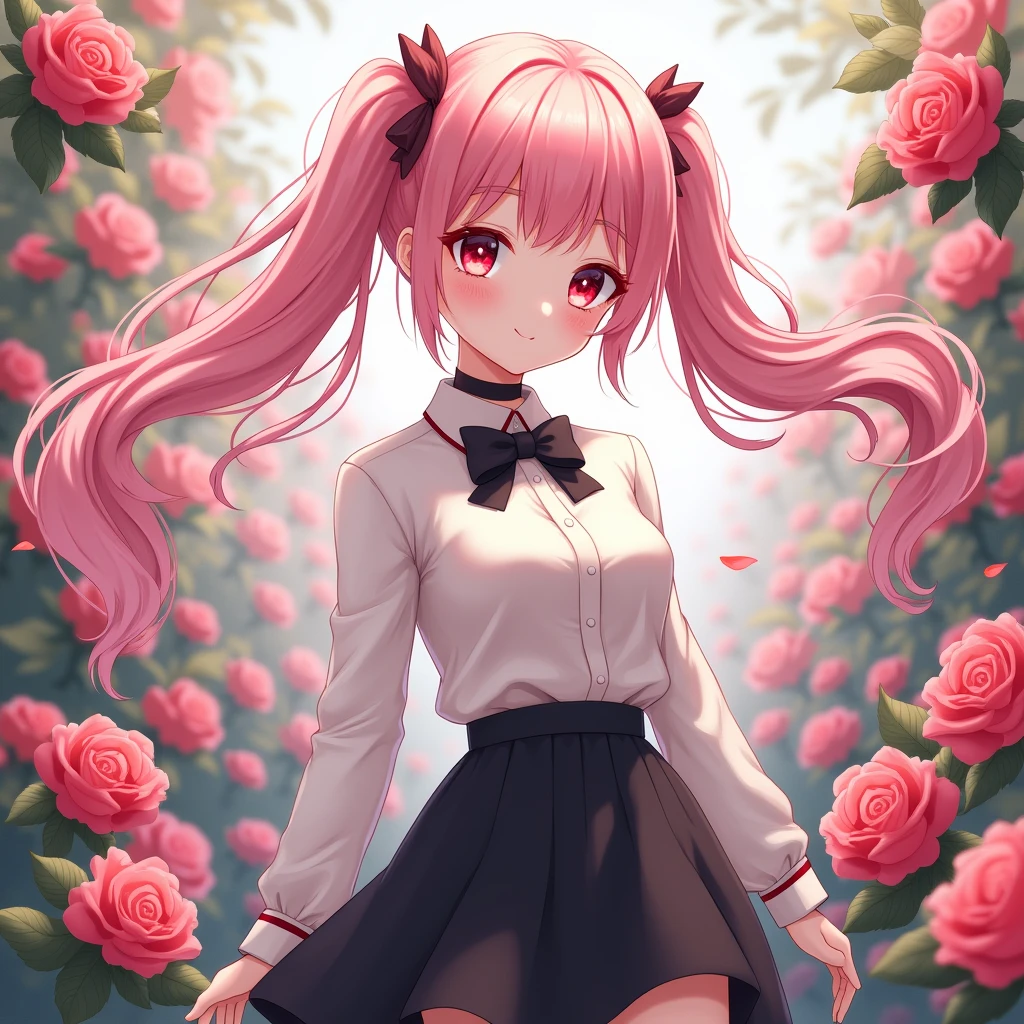 Anime girl, beautiful face, white long-sleeved sweater, black bow tie, black skirt, pink hair, twintail hairstyle, red eyes, white skin, black choker, in a rose garden.