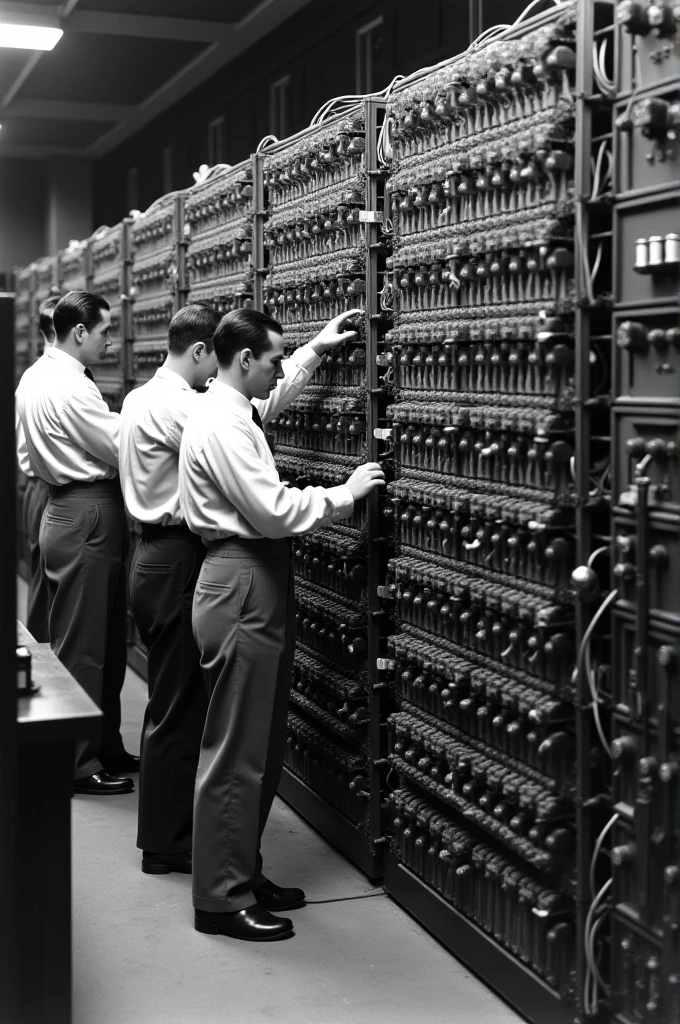 "A black-and-white image of the ENIAC, the world's first electronic computer, from 1945. The room is filled with large cabinets containing thousands of vacuum tubes and wires. Engineers in 1940s clothing are working on the computer, adjusting wires and checking panels. The background shows a room filled with cables and early computing equipment."